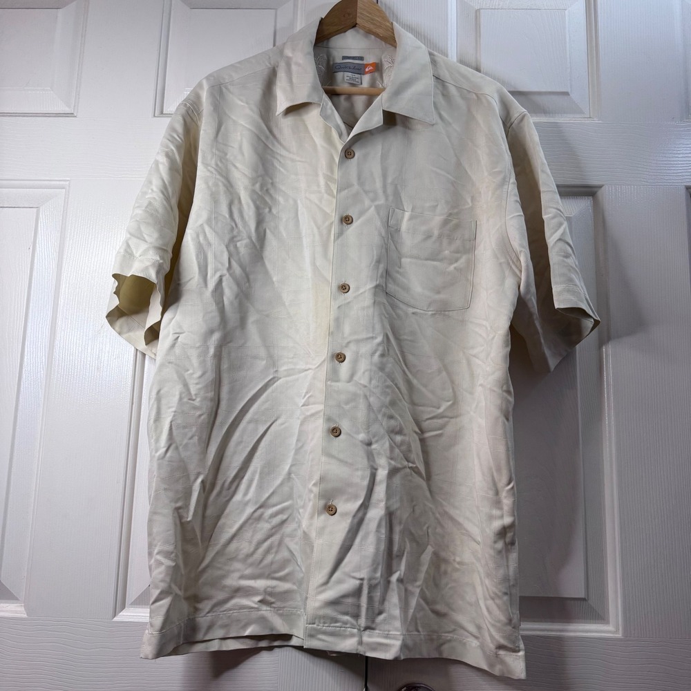 Quiksilver Comfort Fit Button Down Shirt‎ Palm Tree Print Mens Large Cream